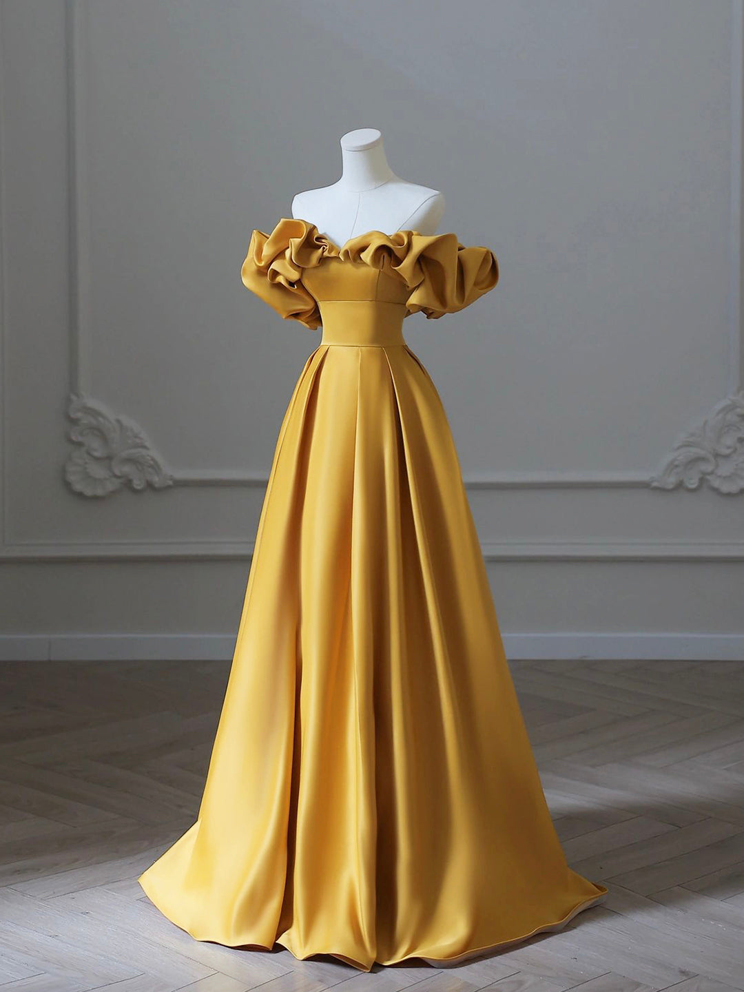 Yellow Satin Long Prom Dress, Off Shoulder A-Line Evening Dress Loveydress Yellow Satin Long Prom Dress, Off Shoulder A-Line Evening Dress Loveydress