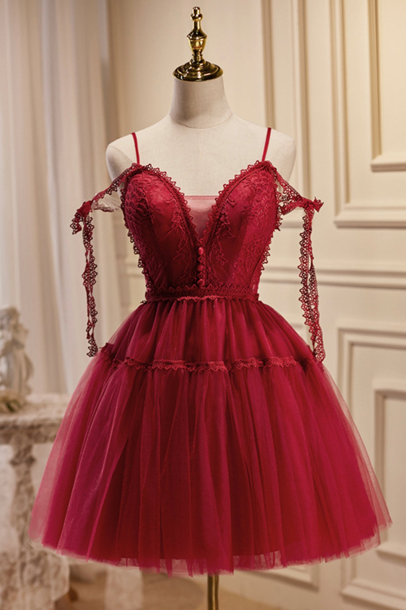 Burgundy Lace Short A-line Prom Dress, Cute Spaghetti Strap Party Dres – Loveydress