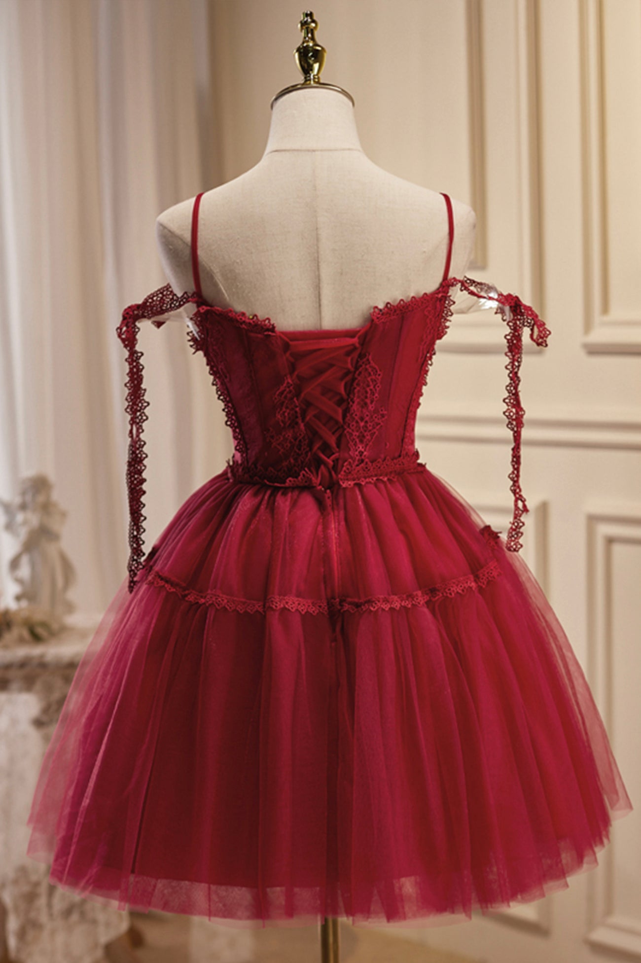 Burgundy Lace Short A-line Prom Dress, Cute Spaghetti Strap Party Dress US 2 / Custom Color Burgundy Lace Short A-line Prom Dress, Cute Spaghetti Strap Party Dress US 2 / Custom Color