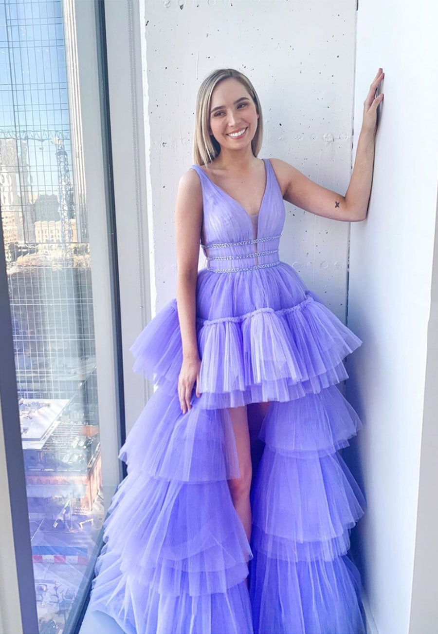 Purple Tulle High Low Prom Dresses, Purple Evening Party Dresses US 16 / Purple