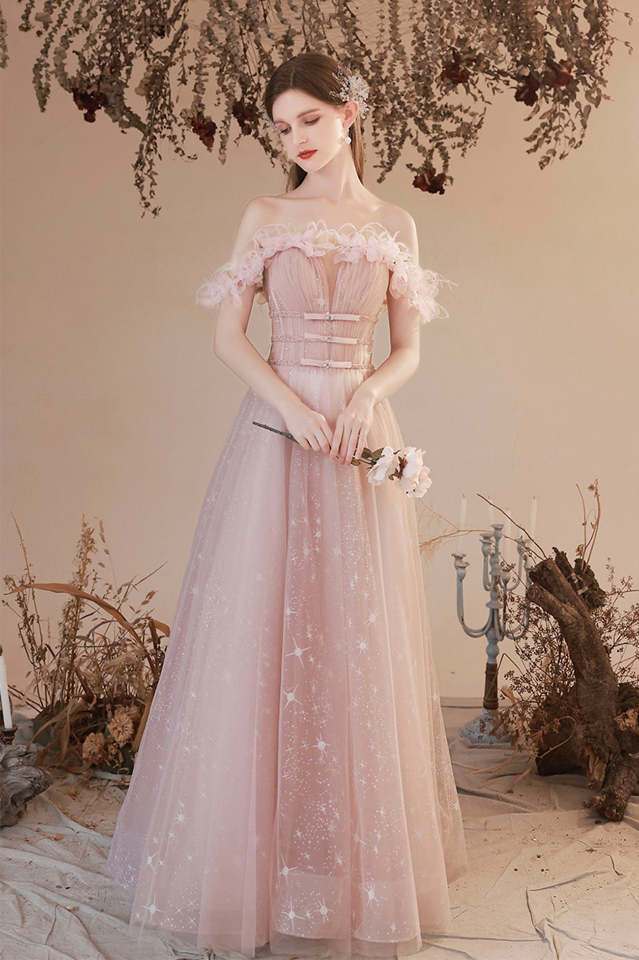 Pink Tulle Long A-line Prom Dress, Off the Shoulder Evening Dress US 6 / Custom Color Pink Tulle Long A-line Prom Dress, Off the Shoulder Evening Dress US 6 / Custom Color