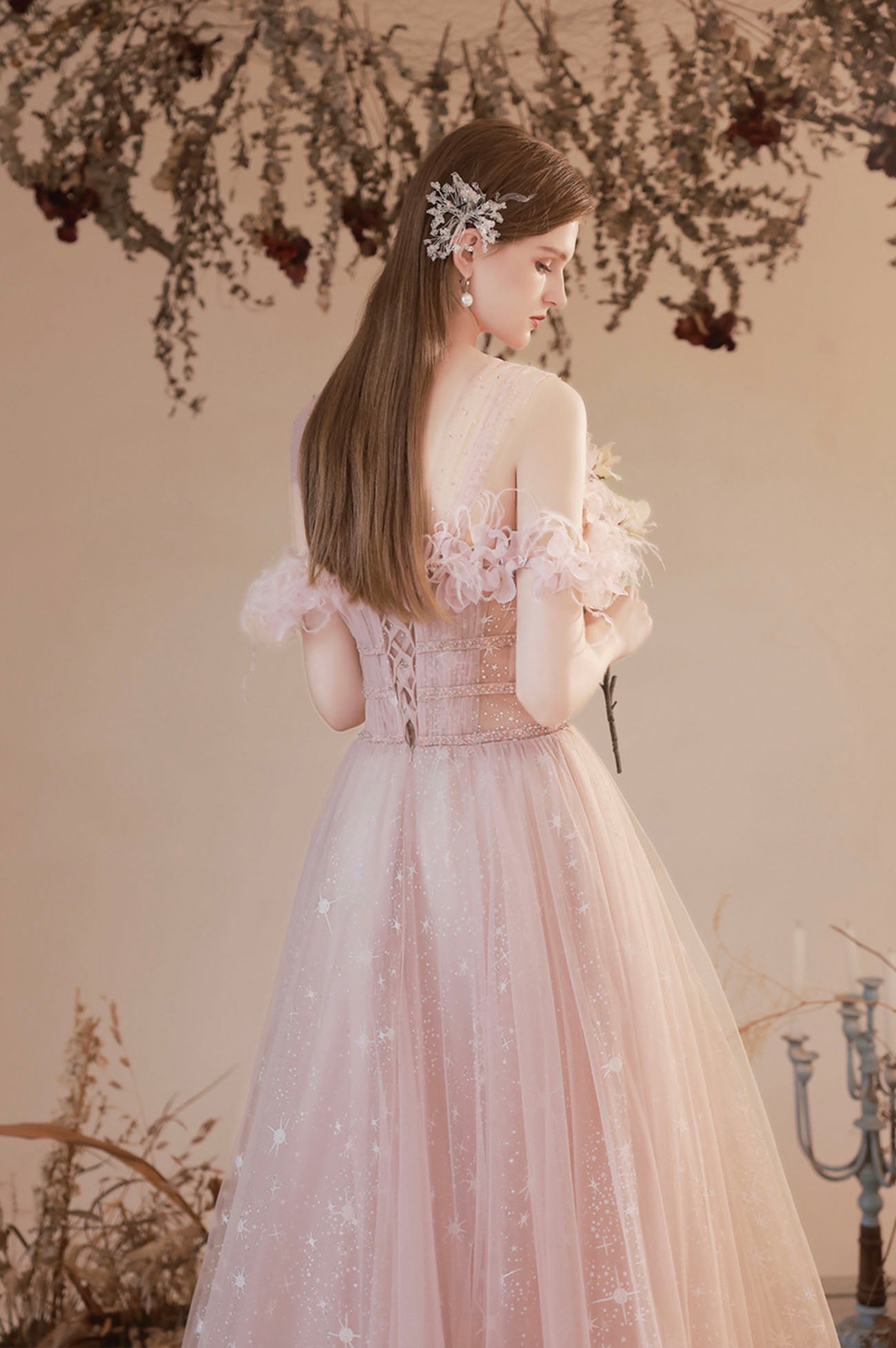 Pink Tulle Long A-line Prom Dress, Off the Shoulder Evening Dress US 6 / Custom Color