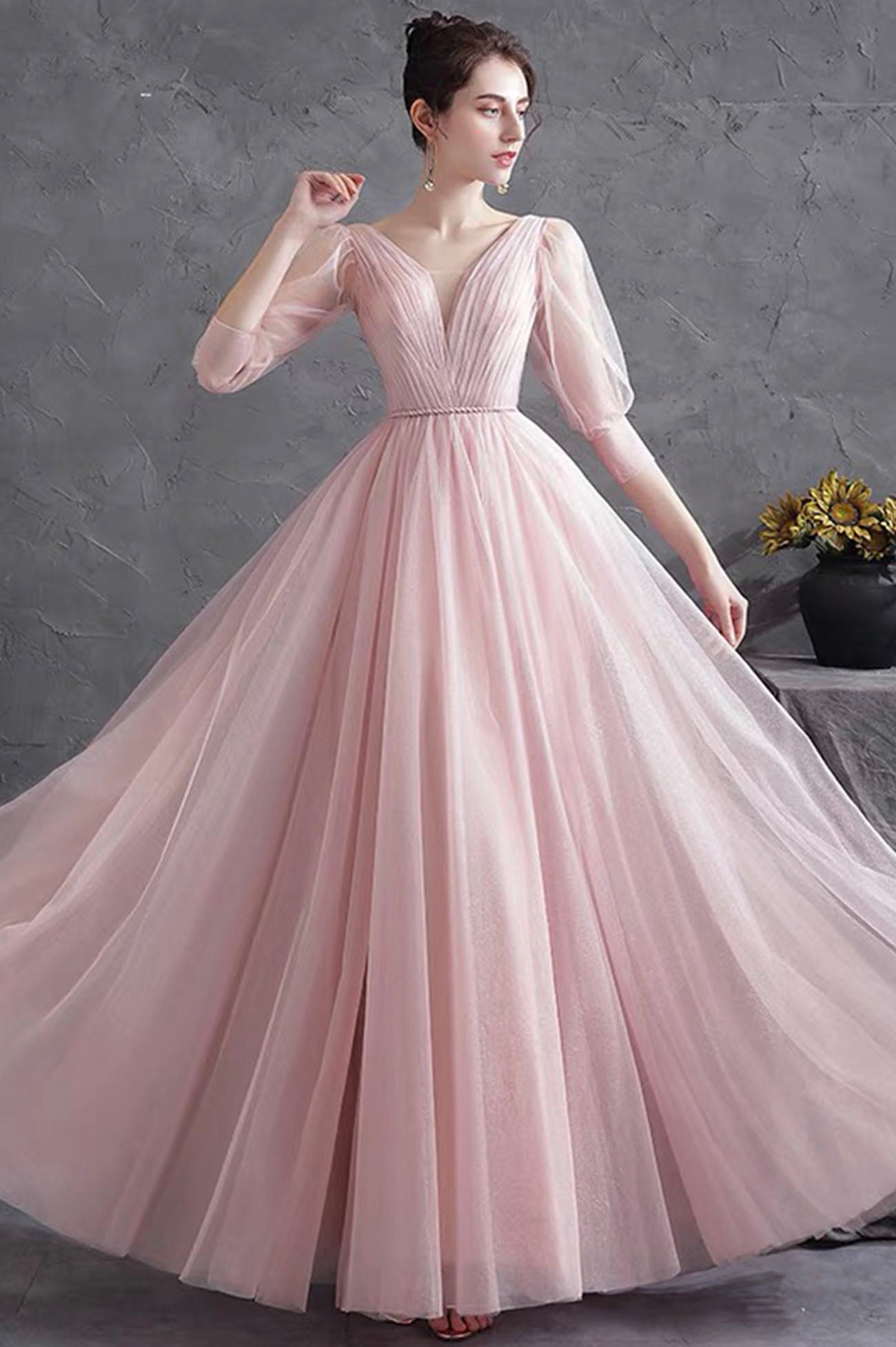 pink prom dress sleeves A-line Pink Long Sleeve Prom Dress With Thigh Split Satin Evening Dres SELINADRESS