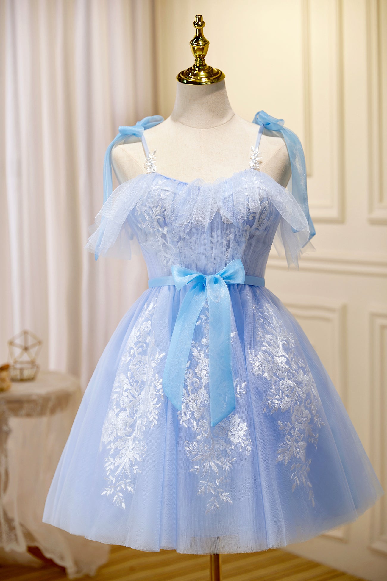 Blue Lace Knee Length Prom Dress, Lovely A-Line Homecoming Dress US 8 / Custom Color Blue Lace Knee Length Prom Dress, Lovely A-Line Homecoming Dress US 8 / Custom Color