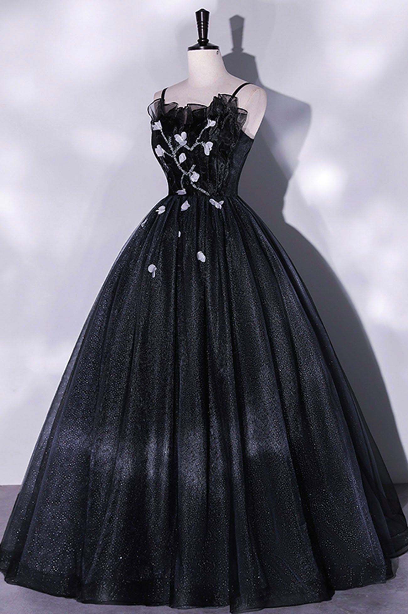 Black Tulle Long A-Line Evening Gown, Black Spaghetti Strap Evening Gown US 12 / Custom Color Black Tulle Long A-Line Evening Gown, Black Spaghetti Strap Evening Gown US 12 / Custom Color