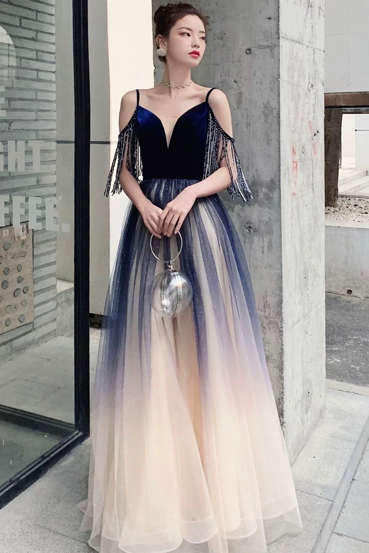 Ombre Blue Grey Bridesmaid Dresses Blue Ombre Tulle V-Neck Long Party Dress, A-line Prom Ombre Blue Grey Bridesmaid Dresses Blue Ombre Tulle V-Neck Long Party Dress, A-line Prom