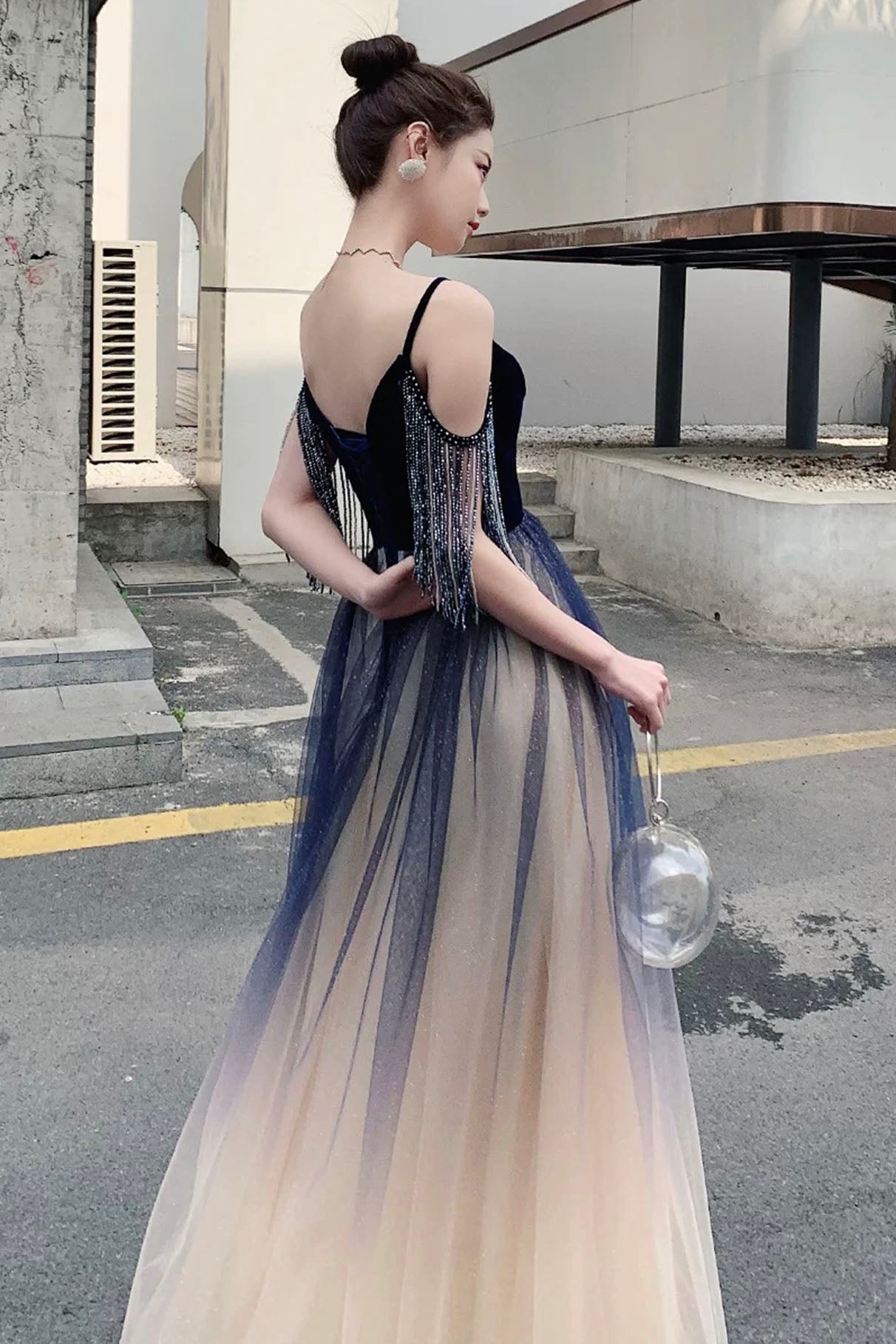 Blue Ombre Tulle V-Neck Long Party Dress, A-Line Prom Dress US 12 / Custom Color Blue Ombre Tulle V-Neck Long Party Dress, A-Line Prom Dress US 12 / Custom Color