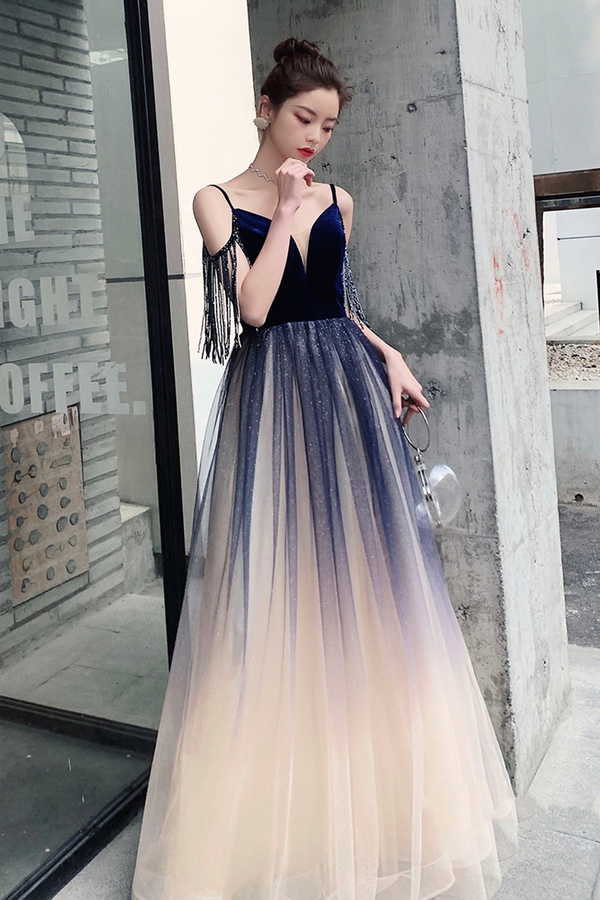 black and blue ombre prom dress Tulle V-Neck Long Party Dress, A-line product-material_Cotton Organza Asymmetric Mini Dress Size:Size 22 Zipper back or Lace