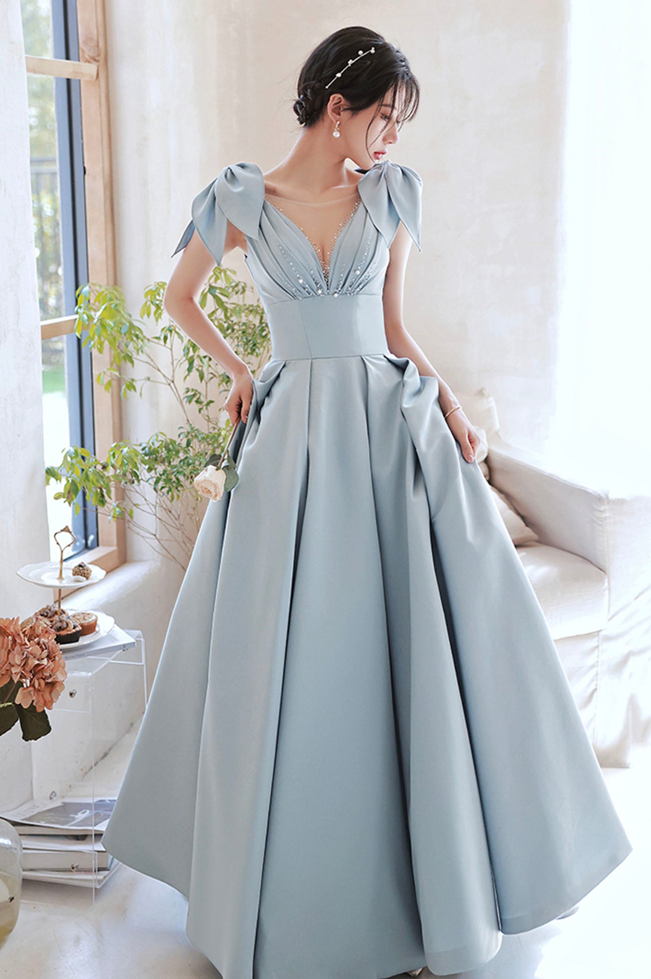 Modest Party Dress Cute Blue Saitn Long Prom Dress, A-Line Blue Evening Dress US 10 Modest Party Dress Cute Blue Saitn Long Prom Dress, A-Line Blue Evening Dress US 10