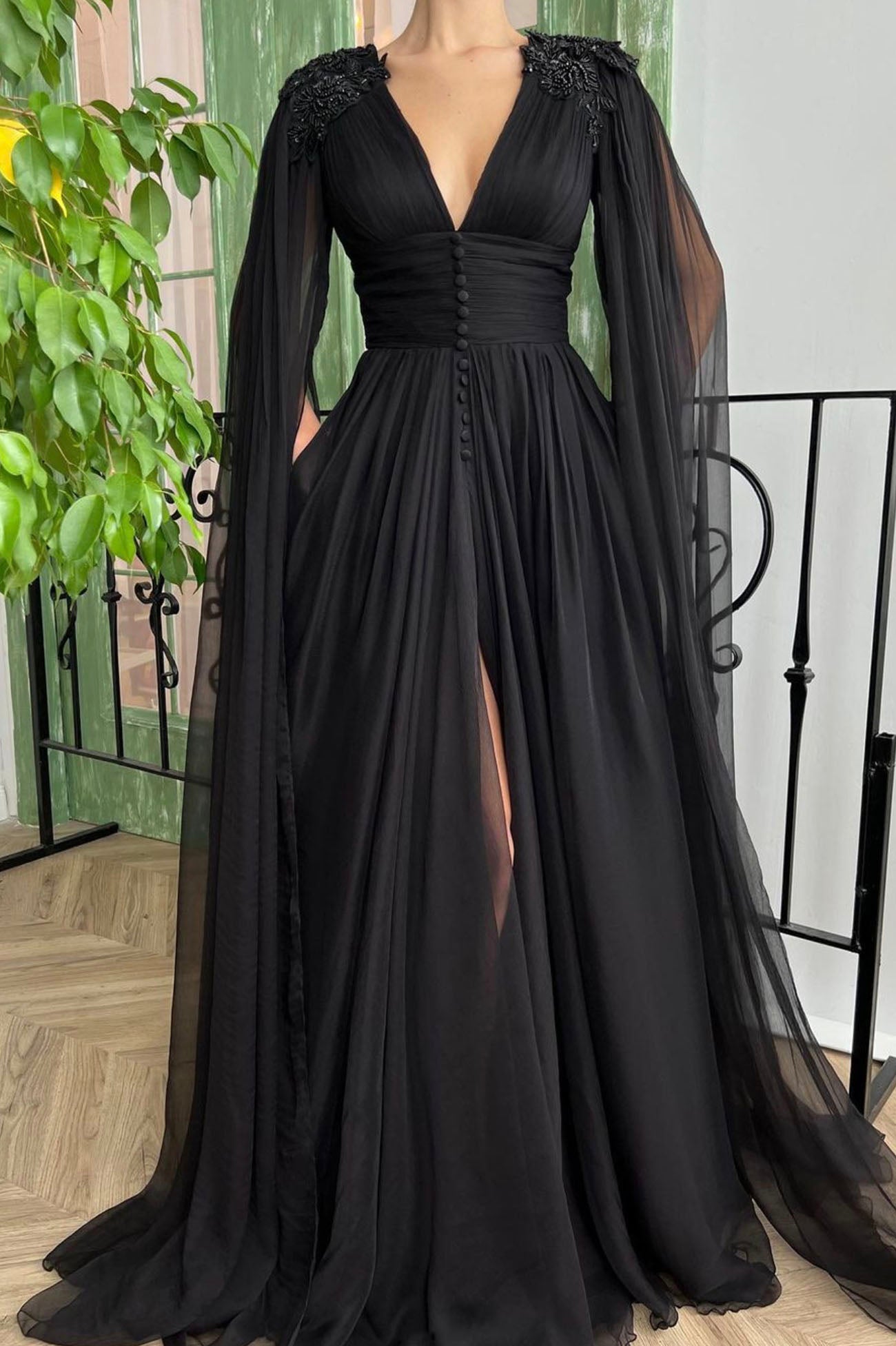 Black V-Neck Chiffon Long Prom Dress, A-Line Evening Dress with Slit US 6 / Custom Color Black V-Neck Chiffon Long Prom Dress, A-Line Evening Dress with Slit US 6 / Custom Color
