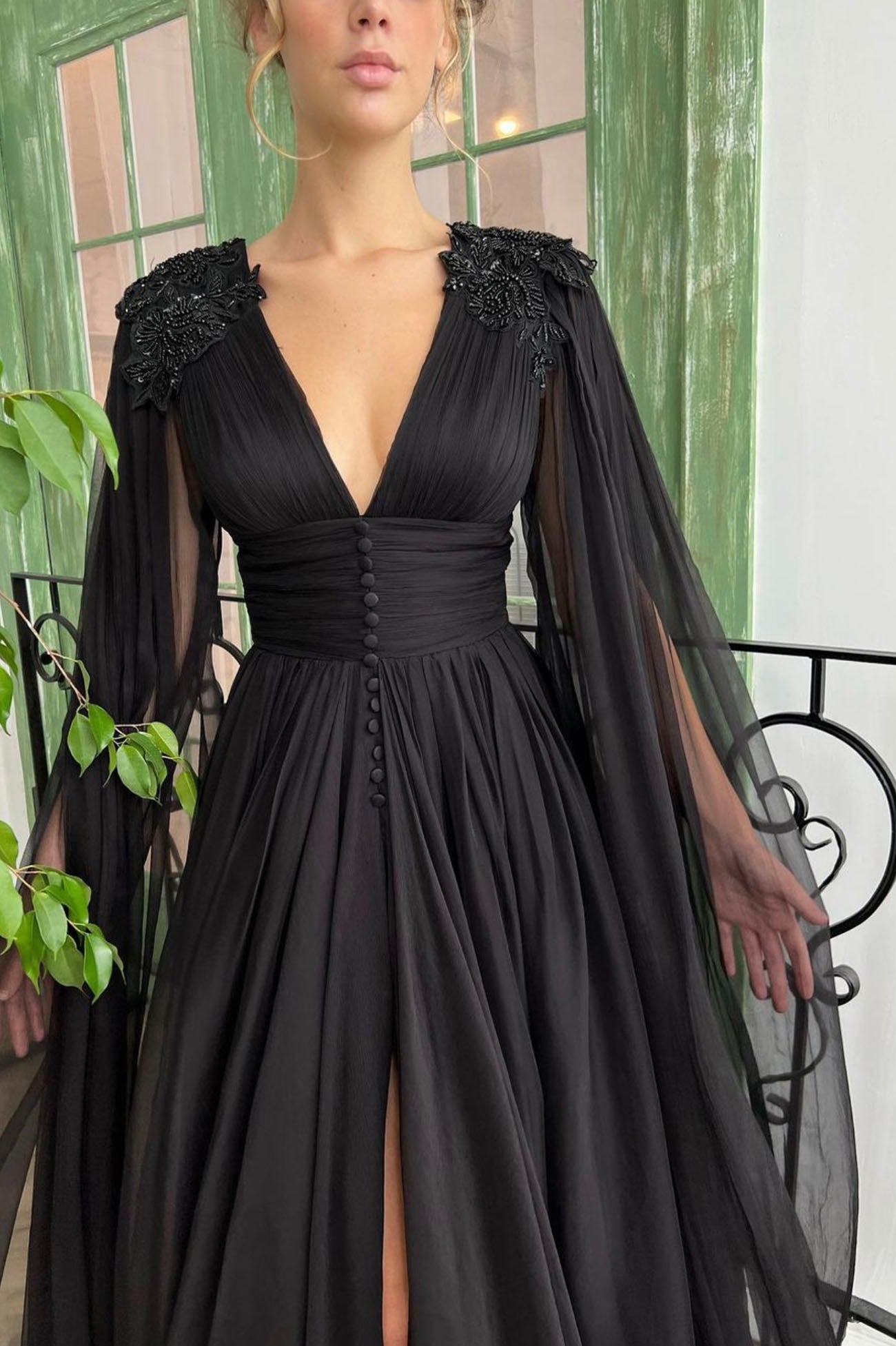 Black V-Neck Chiffon Long Prom Dress, A-Line Evening Dress with Slit US 6 / Custom Color Black V-Neck Chiffon Long Prom Dress, A-Line Evening Dress with Slit US 6 / Custom Color