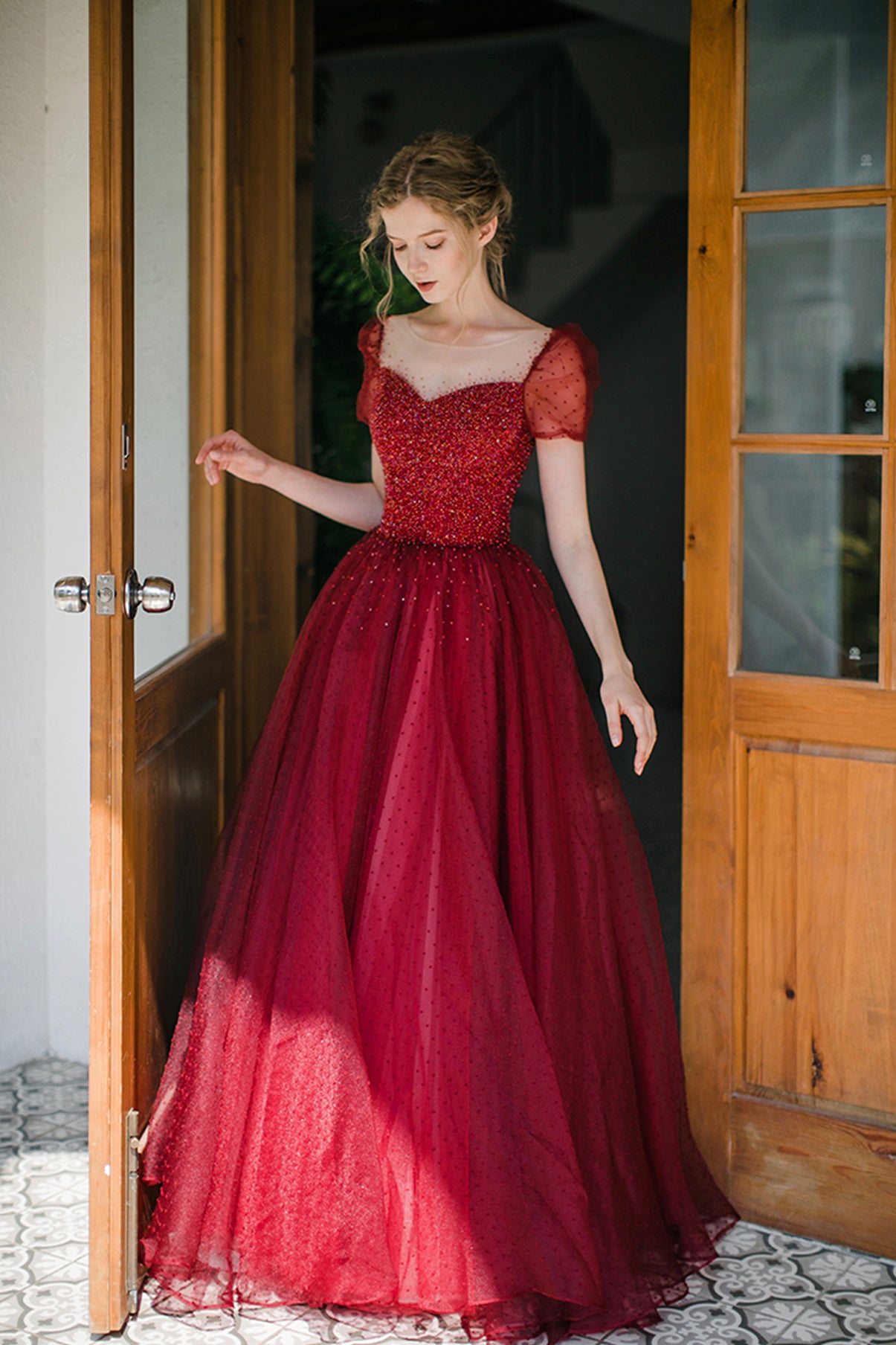 Burgundy Scoop Neckline Tulle Long Prom Dress, A-Line Evening Dress wi Loveydress Burgundy Scoop Neckline Tulle Long Prom Dress, A-Line Evening Dress wi Loveydress