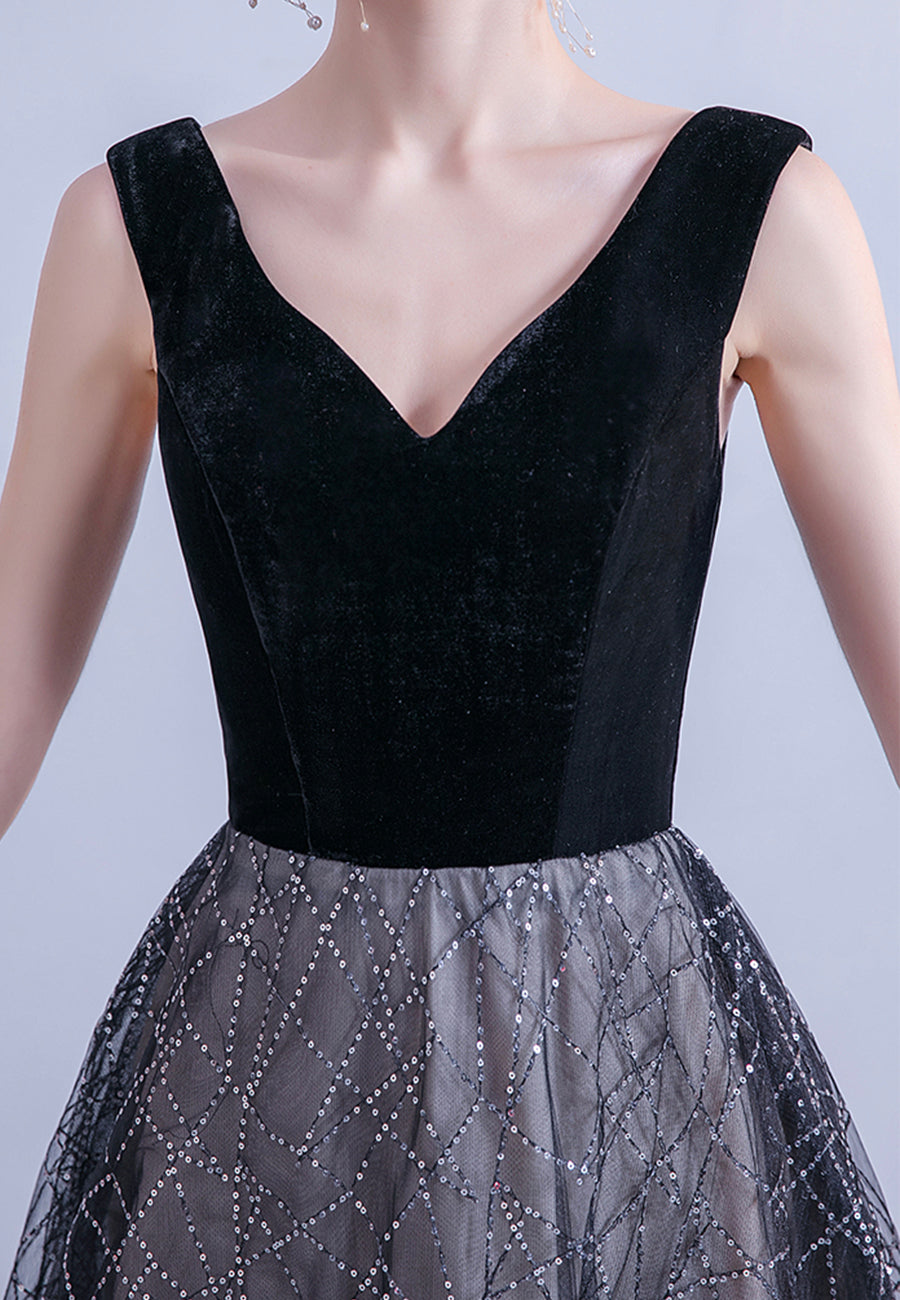 Black V-Neck Velvet Long Prom Dresses, Black Evening Party Dress