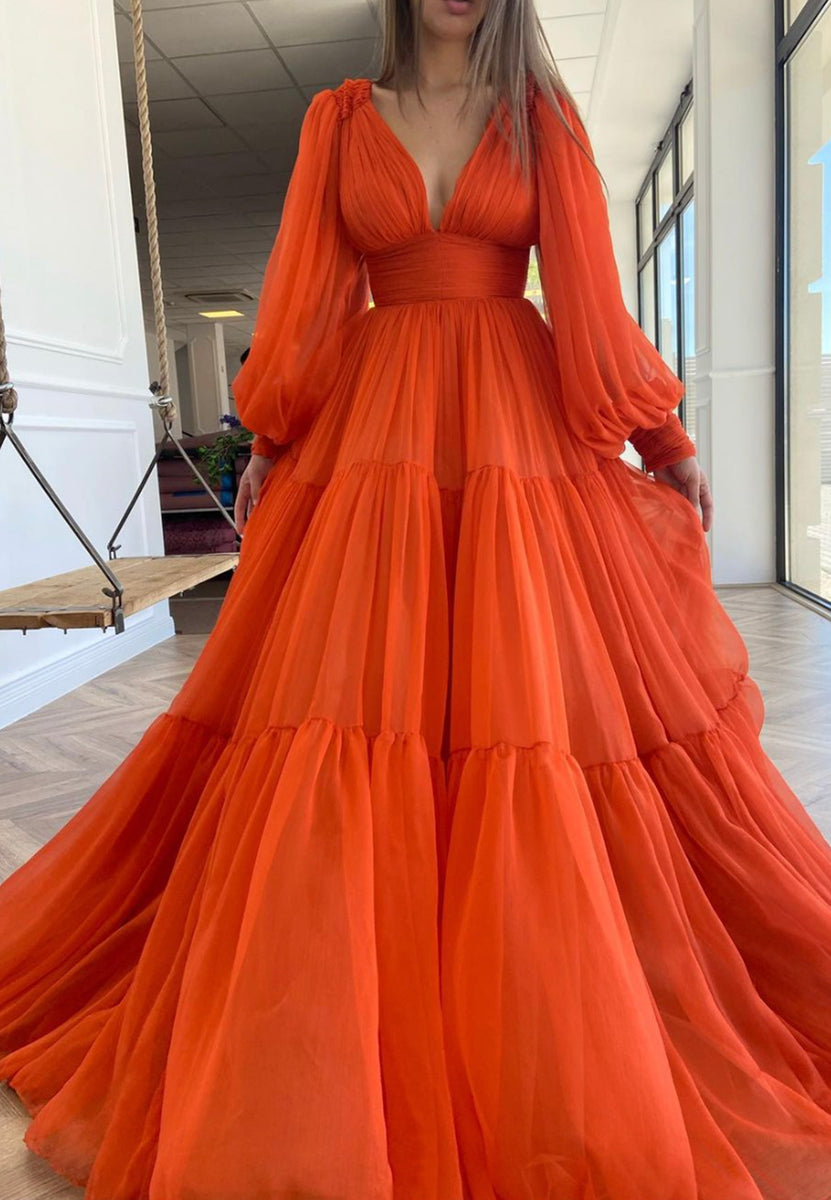 Charming V-neck A-line Orange Long Simple Prom Dresses,SFPD0171