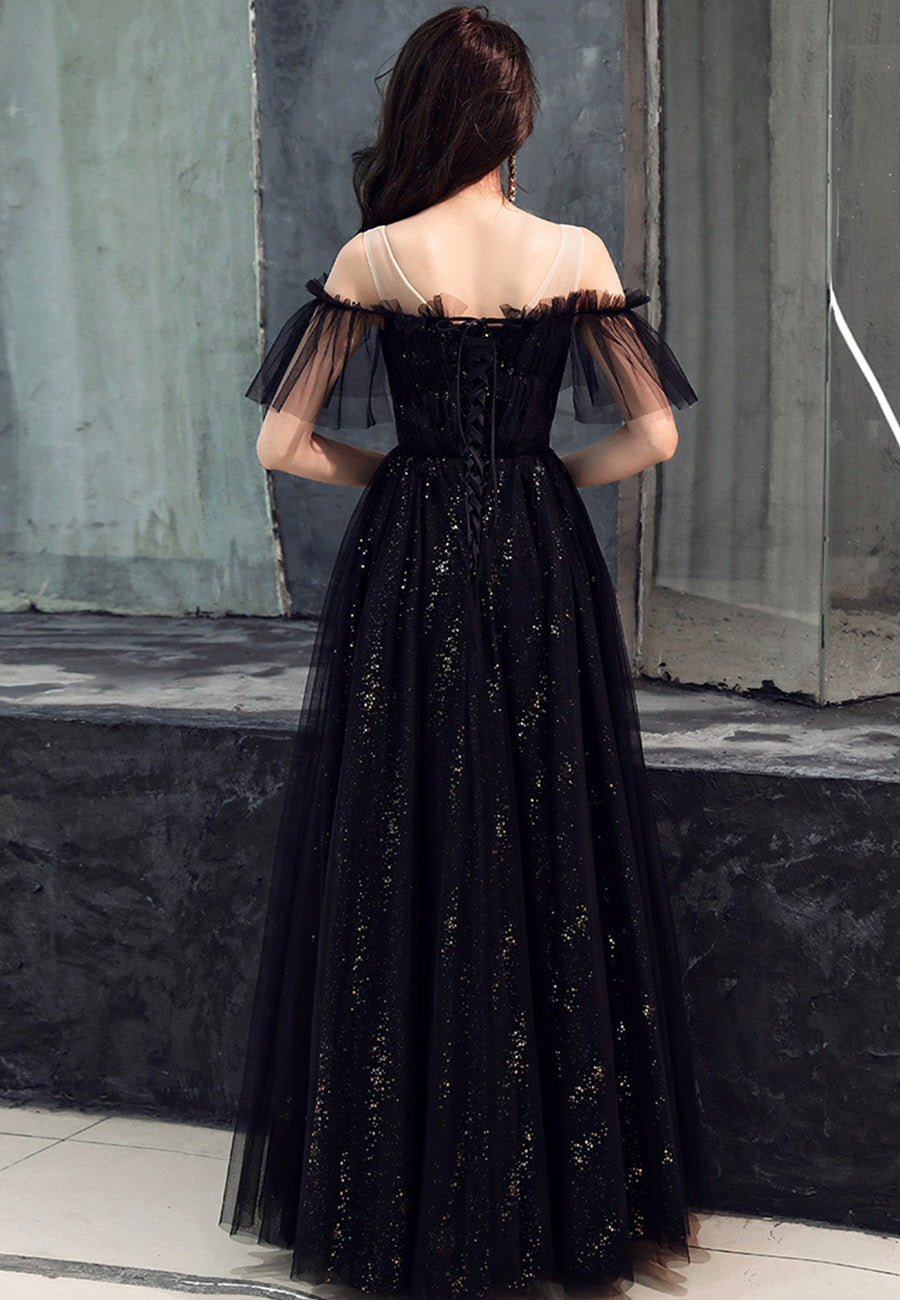 Black Tulle Long A-Line Prom Dresses, Black Off the Shoulder Evening Dresses US 10 / Black Black Tulle Long A-Line Prom Dresses, Black Off the Shoulder Evening Dresses US 10 / Black