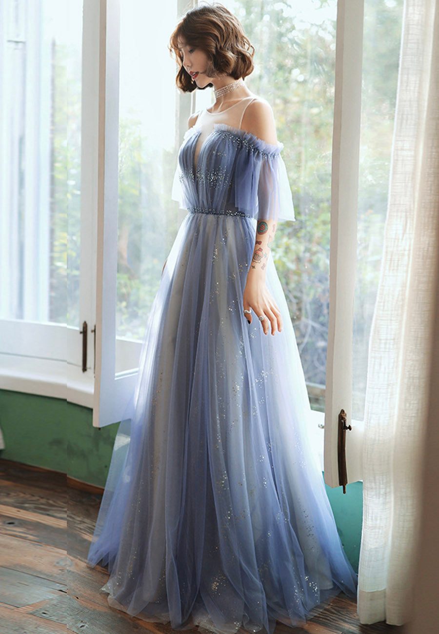 Blue Tulle Long A-Line Prom Dresses, Blue Evening Dresses Loveydress Blue Tulle Long A-Line Prom Dresses, Blue Evening Dresses Loveydress