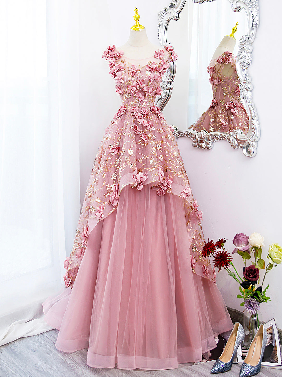 Pink Tulle Long Prom Dress with Flowers, Beautiful A-Line Sweet 16 Dress US 6 / Pink Pink Tulle Long Prom Dress with Flowers, Beautiful A-Line Sweet 16 Dress US 6 / Pink