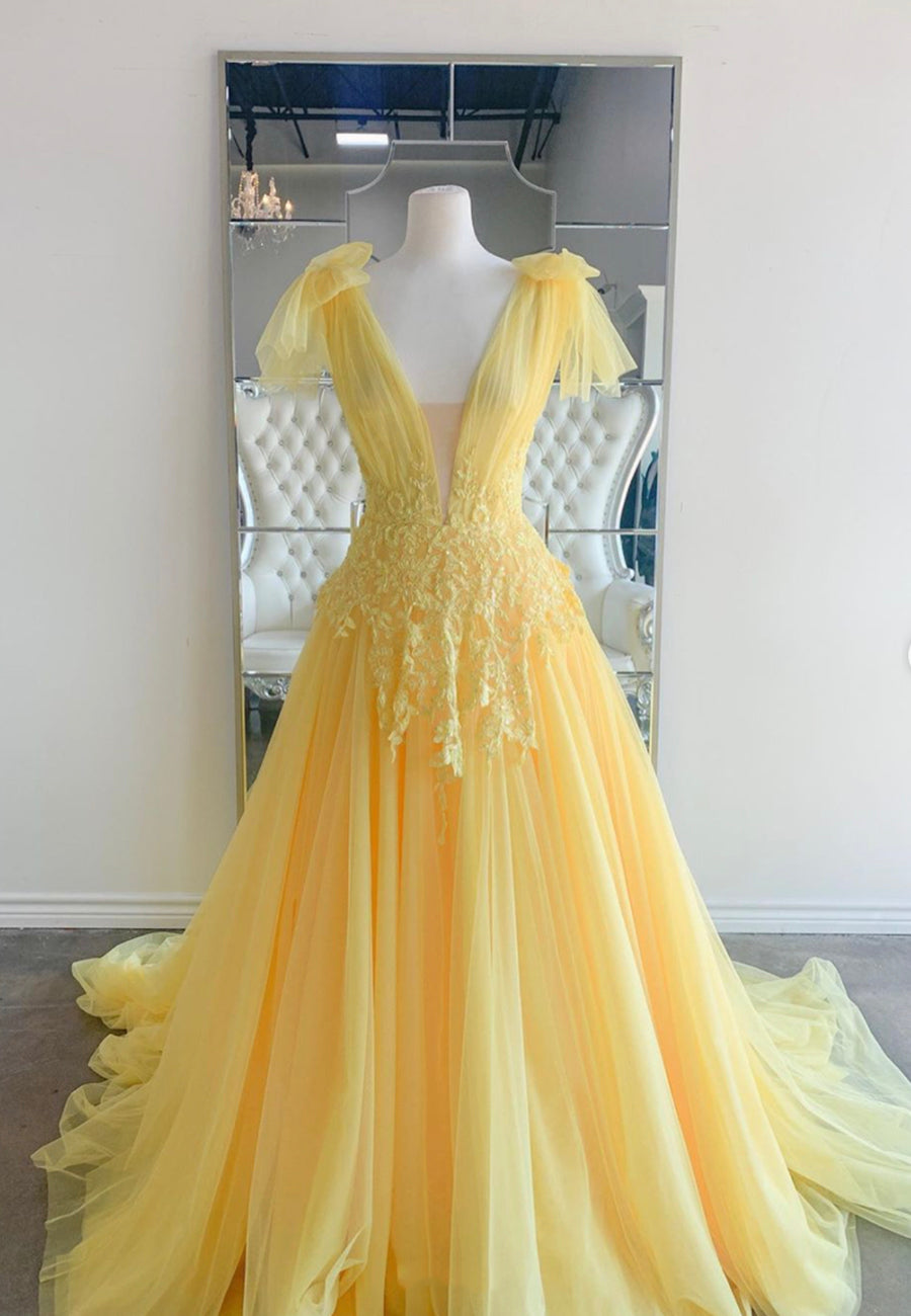 Yellow V-Neck Lace Long Prom Dresses, A-Line Evening Dresses Custom Size / Yellow Yellow V-Neck Lace Long Prom Dresses, A-Line Evening Dresses Custom Size / Yellow