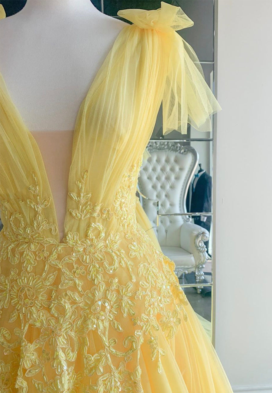 Yellow V-Neck Lace Long Prom Dresses, A-Line Evening Dresses Custom Size / Yellow Yellow V-Neck Lace Long Prom Dresses, A-Line Evening Dresses Custom Size / Yellow